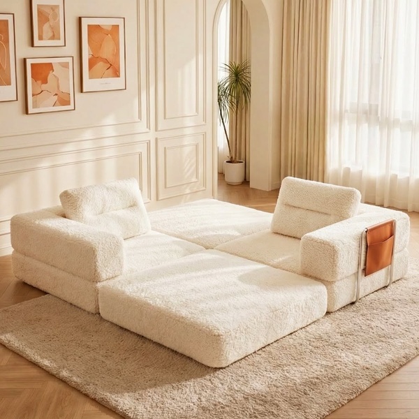 modular sofa, sectional couch, convertible sofa, white sherpa sofa, living room furniture, new arrival, minimalist, lifestyle, calm, luxurious, neutral